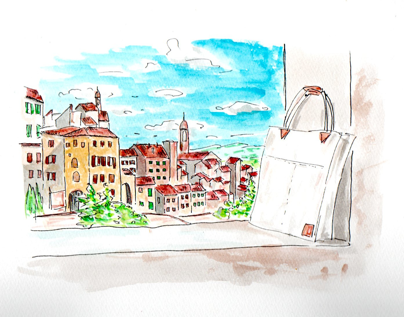 【大人のぬり絵 無料】おしゃれなイタリアの風景とトートバッグ